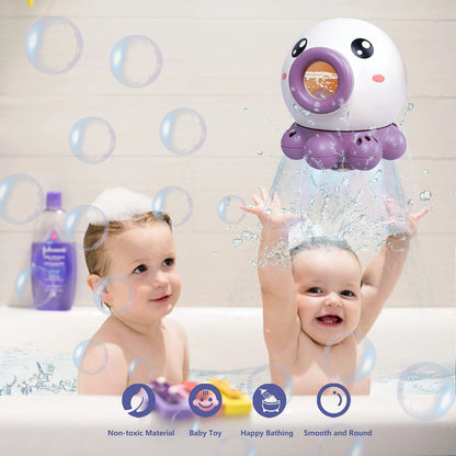 Enfants s'amusant avec un jouet de bain qui crée des bulles, idéal pour le plaisir et l'éducation dès la naissance.