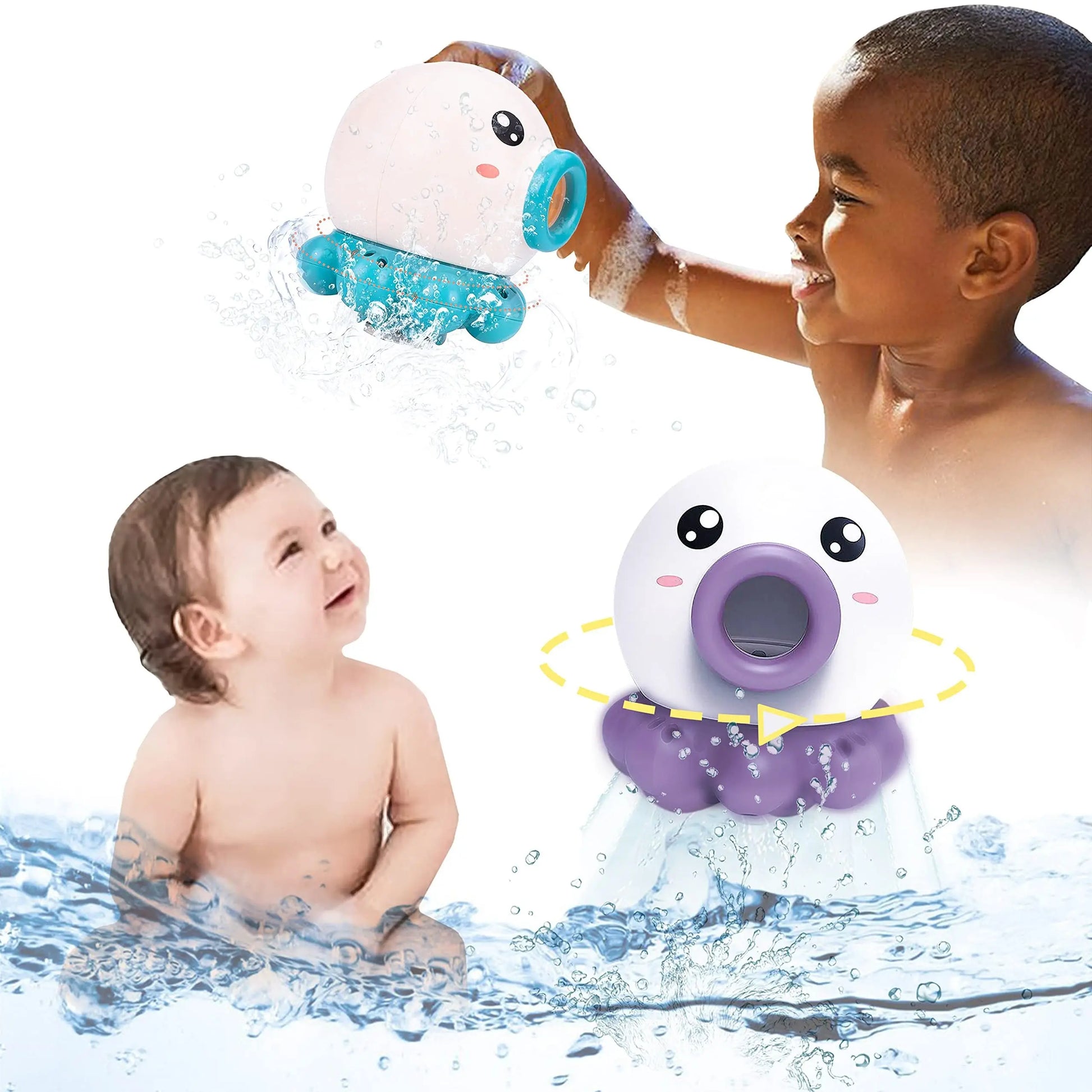 Enfants jouant avec un jouet de bain interactif pour bébé, éclaboussures d'eau, moment amusant et éducatif.